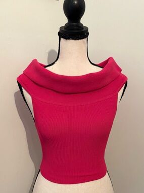 Aritzia Babaton Sculpt Knit Womens Off-Shoulder Ribbed Sweater Top Hot Pink XS